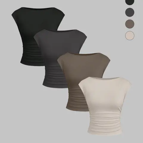 Women's Fashion Casual Chic Lightweight Knitted Round Neck Slim Fit Fitted Ruched Pleated T-Shirt Set, 4-Piece for Spring & Fall, Comfortable Daily Wear Top, Fitted Sleeveless Design, Casual Elegance Style