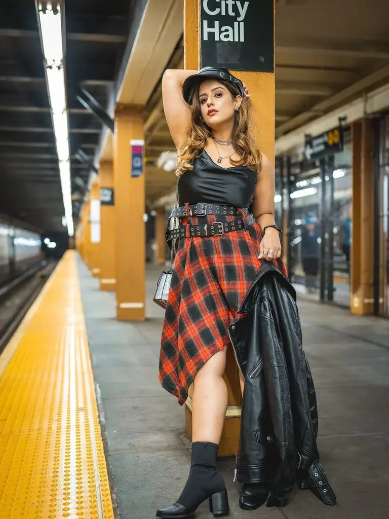 RETRO STAGE Women's 1970s Gothic Plaid Dress, Fitted Spaghetti Strap with Double Grommet Belt and Side Slit, Dark Feminine Aesthetic