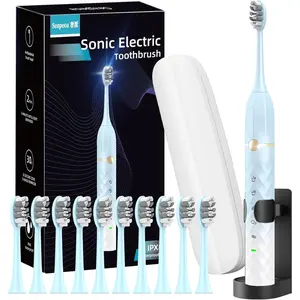 Sonic Electric Toothbrush Set, Equipped with 10 Brush Heads and Travel Case, IPX8 Waterproof, 2-Minute Timer, 42000 High-Frequency Vibrations, 5 Modes, The First Choice for Gift Giving,Blue White