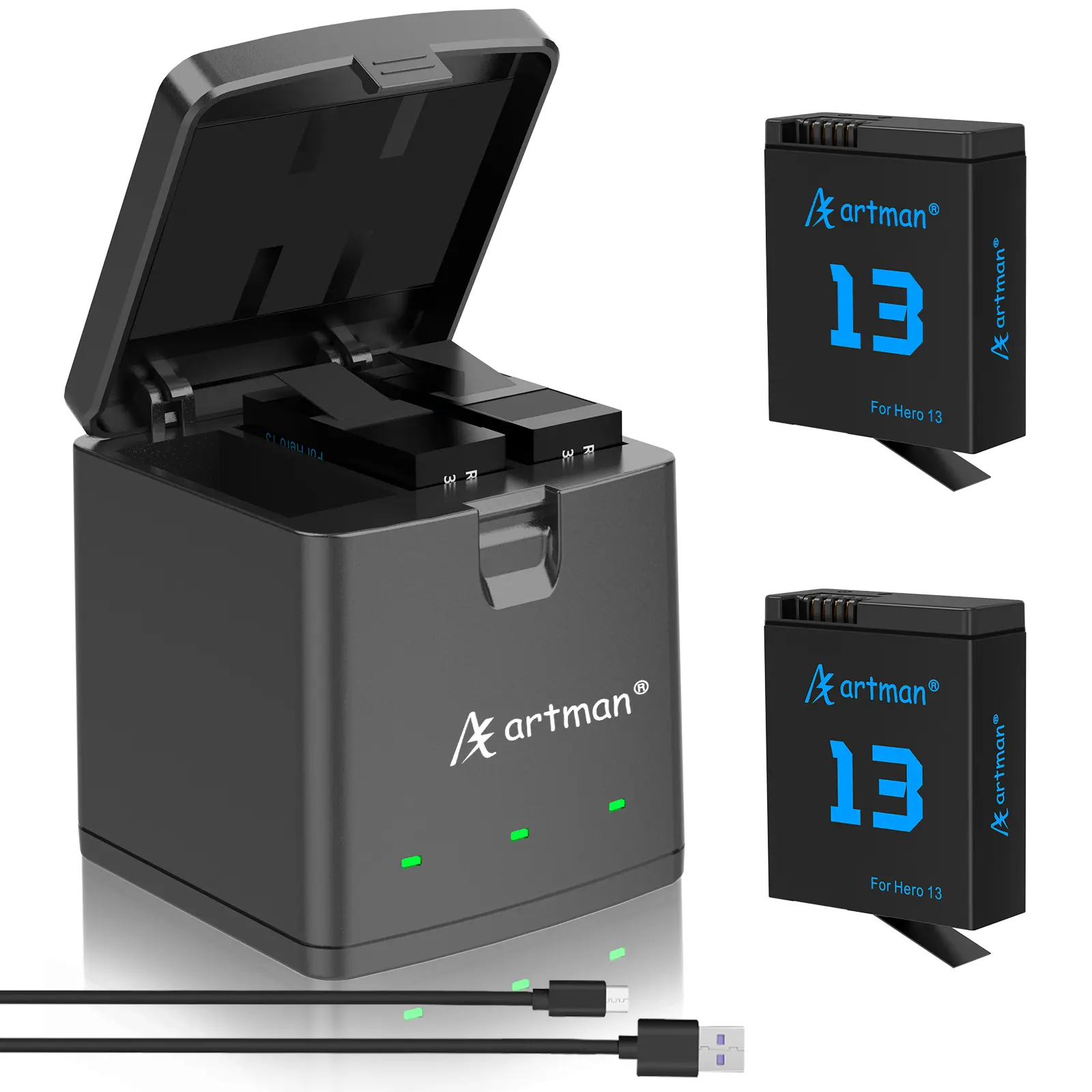 Artman Hero 13 Battery 2100mAh for GoPro Hero 13 Black, 3-Channel LED USB Storage Charger Fully Compatible with GoPro Hero 13 Batteries and Charger (2-Pack)