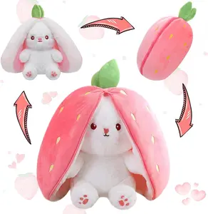 10 inch Bunny Stuffed Animal Reversible Cuddle Bunny Stuffed,Strawberry Bunny Transformed Rabbit Plush Zipper,Turns Into Ears Bunnies Plushies Toy Cute Stuffy Doll Easter Girlfriend Gift