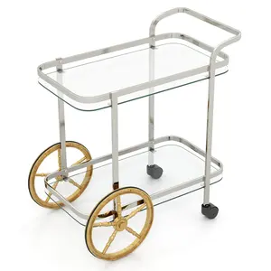 COSTWAY - 2-Tier Tempered Glass Bar Cart with 2 Large Aluminum Wheels and 2 Rolling Casters