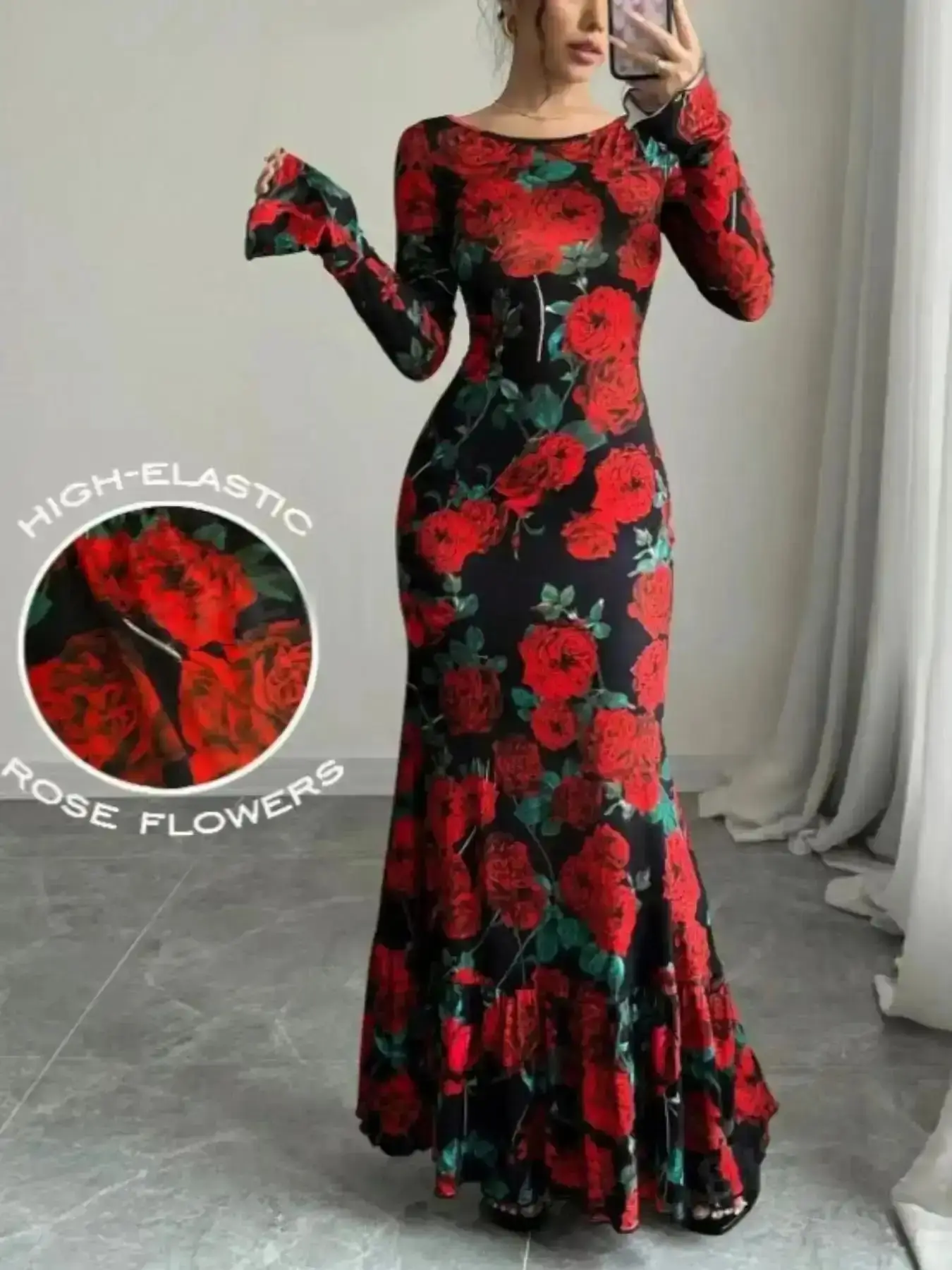 Romantic Elegant Women's Chic Rose Print Floral Round Neck Flared Sleeve Formal Evening Maxi Dress Slim Fit Bodycon Design Comfortable Elastic Stretchy Fabric timeless piece classic staple easy care versatile style