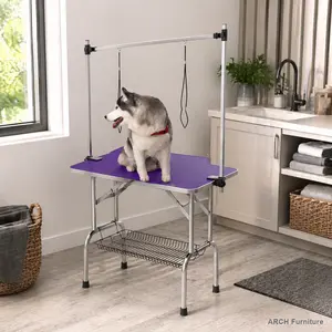 36" Folding Dog & Cat Grooming Table - Stainless Steel Frame, MDF+Rubber Mat, Adjustable Arm with Secure Clamps, Easy-Clean Complete Kit (Purple)