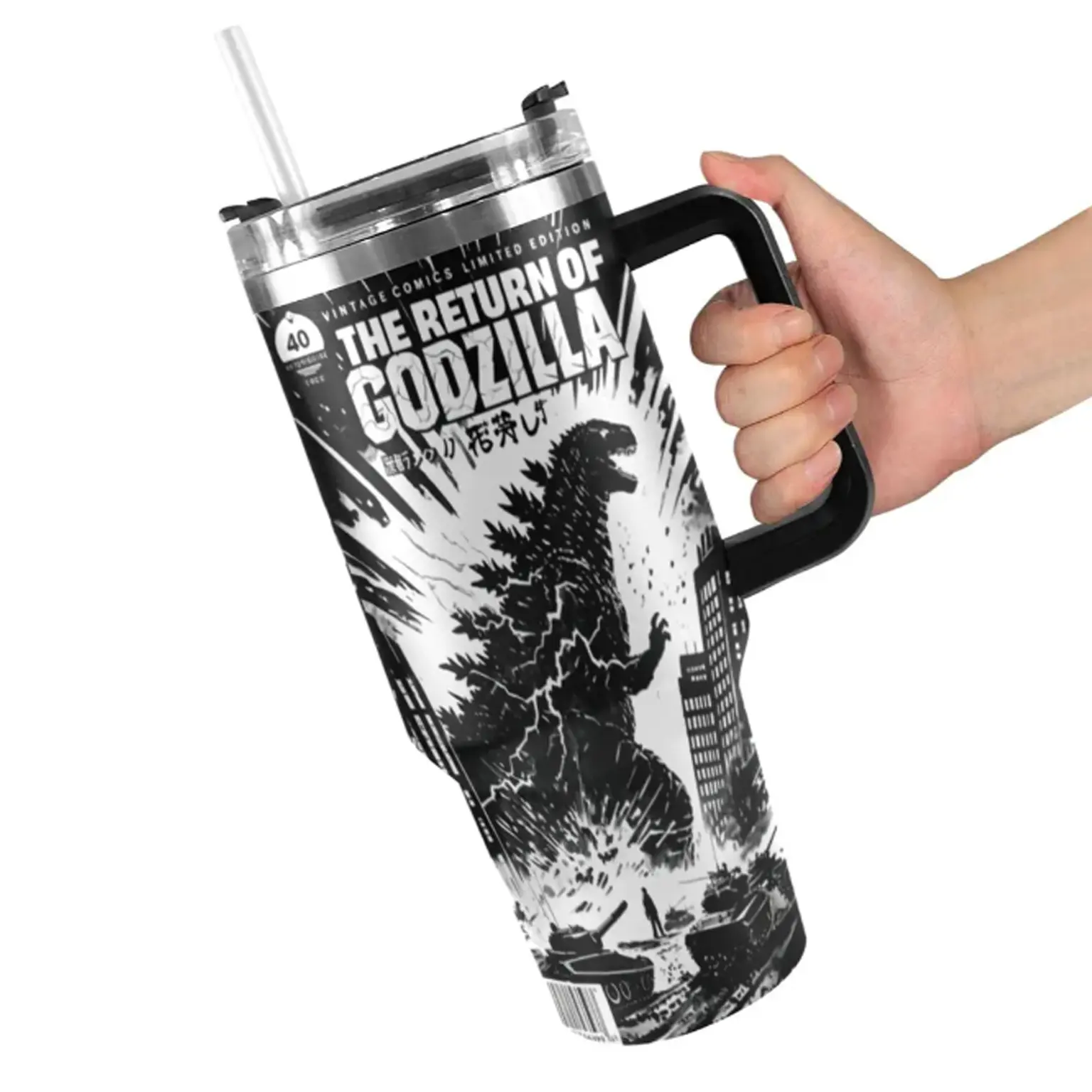 Godzilla 40oz Tumbler Style Insulated Stainless Steel Vacuum Flask - Leakproof Bottle with Handle, Straw, 3-in-1 Rotating Lid, Tapered Base - Portable Cool Teacher Appreciation Gift for Monster Fans