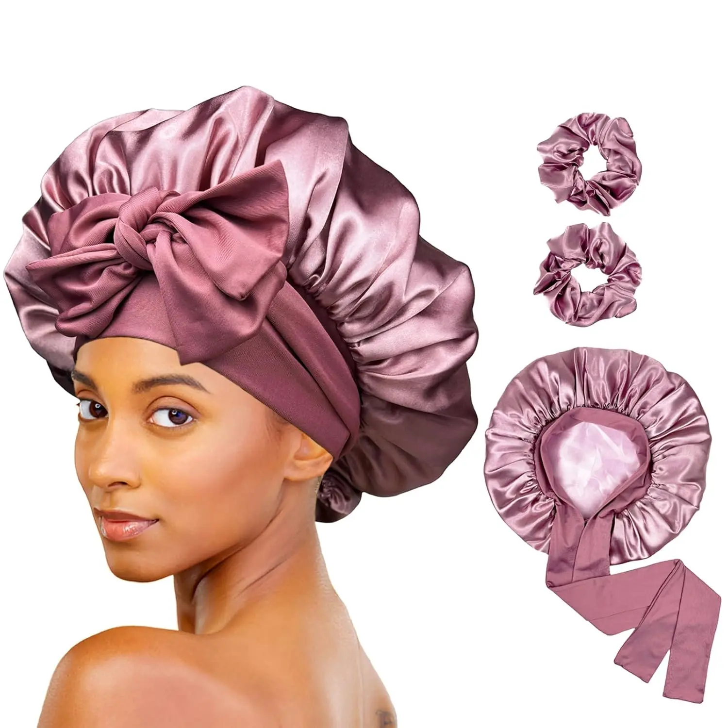 Satin Bonnet for Sleeping Silk Hair Bonnet for Sleeping Women Double Layer Silk Hair Wrap Sleep Bonet Satin Bonnets for Curly Hair and Braids (Cameo Pink)