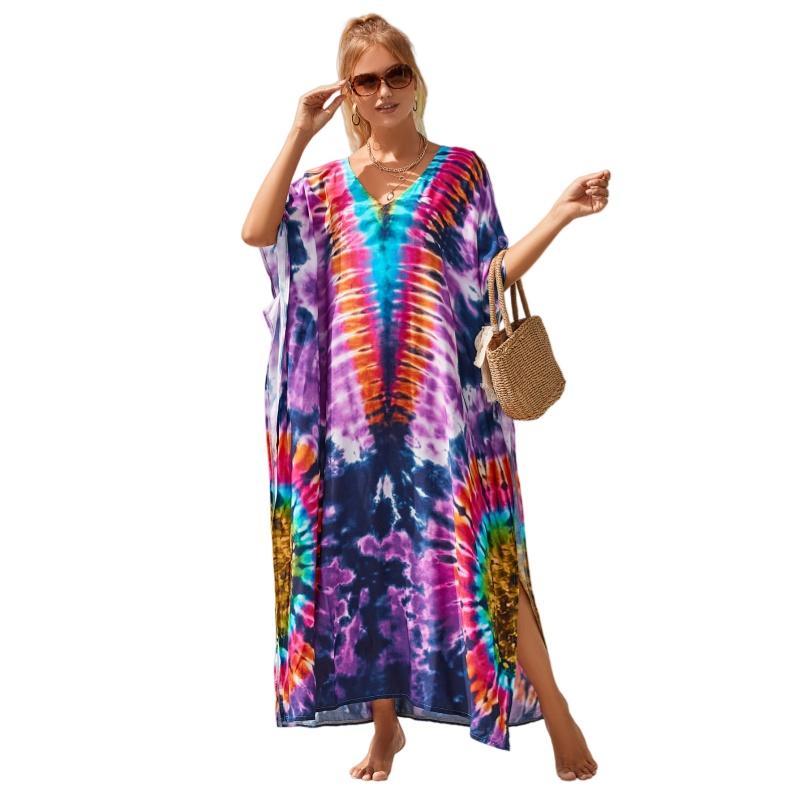 Women's Elegant Ethnic Print Viscose Caftan Maxi Dress - Bohemian Style, Flowy Plus Size Comfortable Swimsuit Cover-Up for Beach & Resort Wear, S/M/L Casual Wear, Hand Wash Only, Do Not Tumble Dry, Xxl Boho Chic Dress Boho Floral