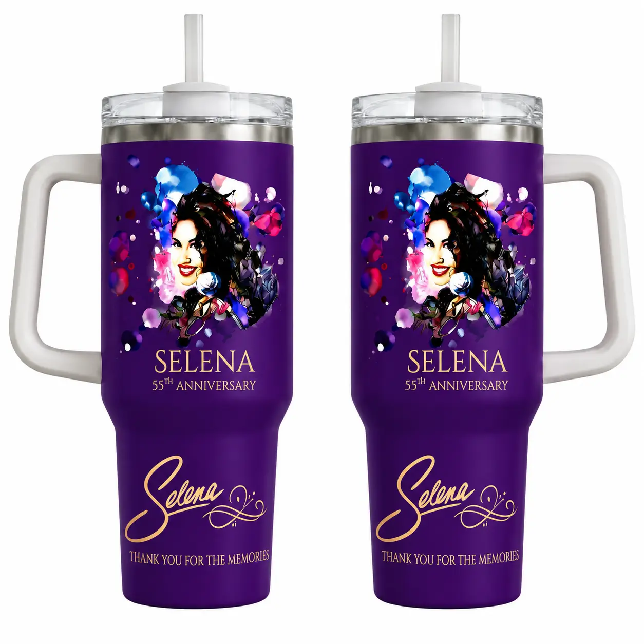 Selena Quintanilla 55th Anniversary Tumbler 30oz 40oz With Handle, Purple Tejano Music Fan Cup With Colorful Tribute Artwork, Latina Singer Travel Drinkware Gift, Not Including The Straw Water Bottles Bottles