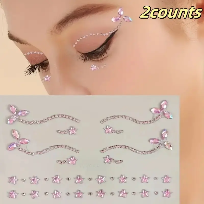 2 Artificial Gem Stickers, Star and Flower Shapes, Party Festival Y2K Makeup Gifts, Face Decoration, Birthday Party Decorations