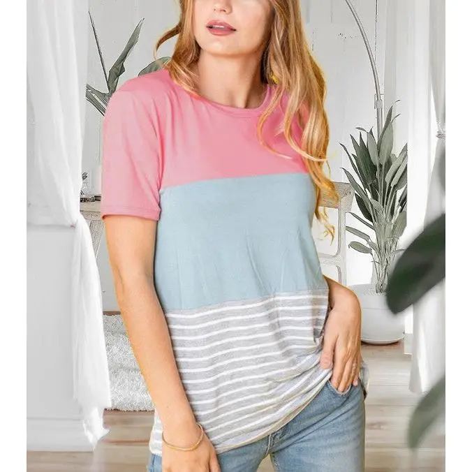 Sage coral black grey stripe lavender top