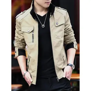 Plus-Size Multi-pocket Cotton Blend Men's Solid Color Cargo Jacket For Winter And Autumn, Stylish Outdoor Coat As Gift