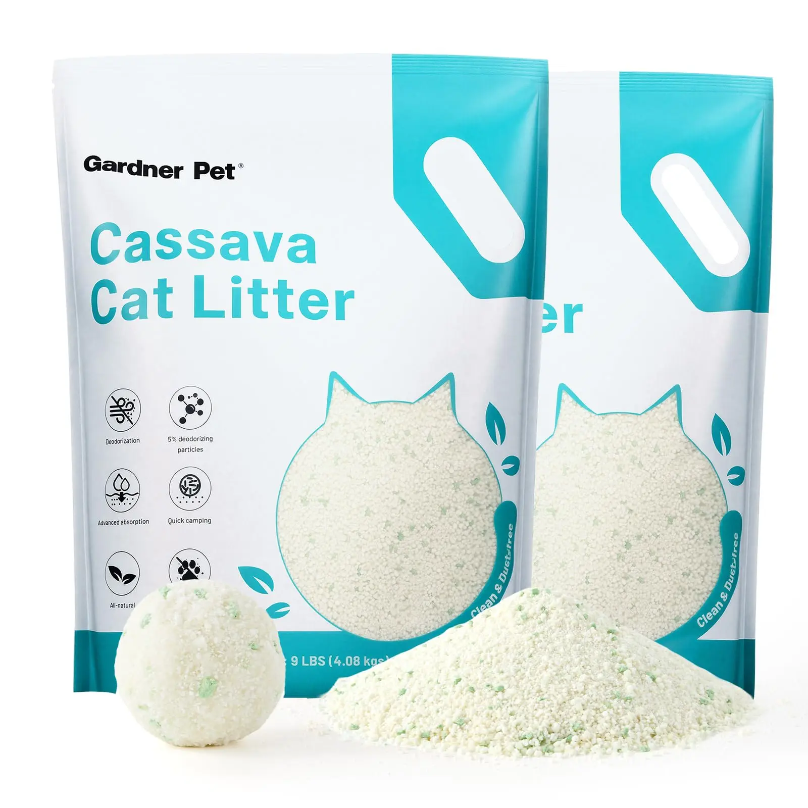 Gardner Pet Cassava Cat Litter, Tapioca Cat Litter, Odor Control |   Low Dust |   Natural Clumping Litter |   Fast Absorption & Low Tracking Kitty Litter, Unscented with Deodorizing Pellets (9LBS*2)
