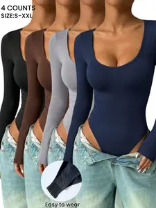 Women's Dark Color Light-Tummy Control & Full Coverage Shapewear for Everyday Wear, Basic Color Bodysuit Set, Discreet Control Comfortable & Stylish Design, Perfect for Daily Wear,Round Neck,Elastic Underwear,Spring&Fall