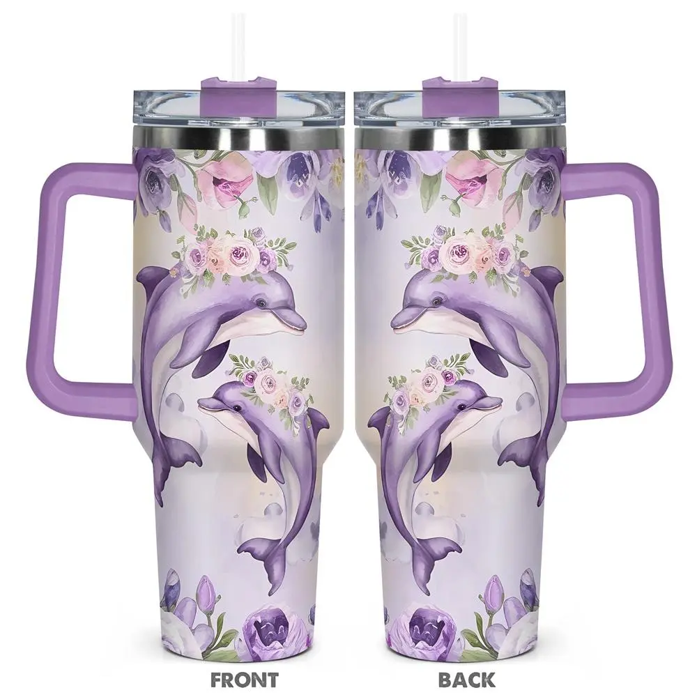 40oz Tumbler with Lid, 1 Count Floral & Dolphin Pattern Insulated Tumbler, Durable Gift for Any Occasion for Family, Friends, and Coworkers, Drinkware