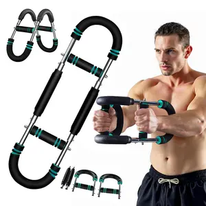 Arm & Chest Muscle Trainer, Stainless Steel Strength Training Tool with Blue Anti-Slip Grips and Adjustable Resistance for Home Workout