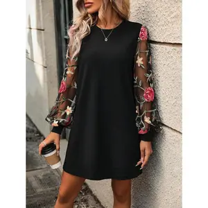Women's Patchwork Embroidery Mesh Lantern Sleeve Dress Fall Cloth For Women
