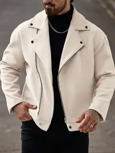 Men's Solid Color Fitted Motorcycle Jacket, Zipper Front Long Sleeve Winter & Fall Coat, Gift for Husband Boyfriend Friend