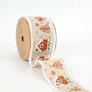 2 1/2" Wired Ribbon | "Gingerbread House" Natural/Multi | 10 Yard Roll BowMaking Wreath Garlands Christmas Decor Christmas ribbon