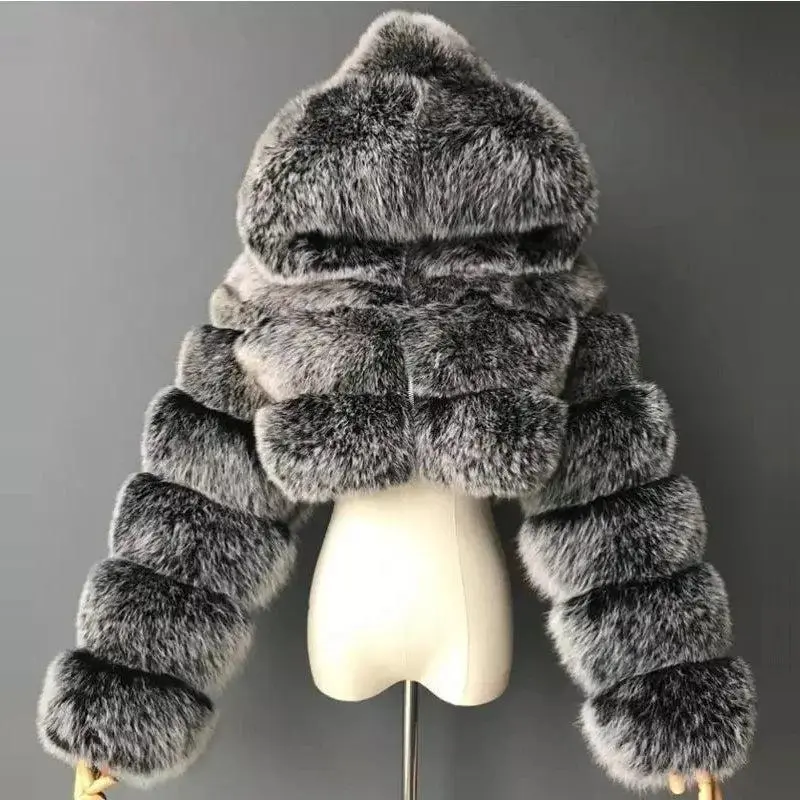 Furry Cropped Faux Coat With Hood Furry Cropped Faux Coat With Hood