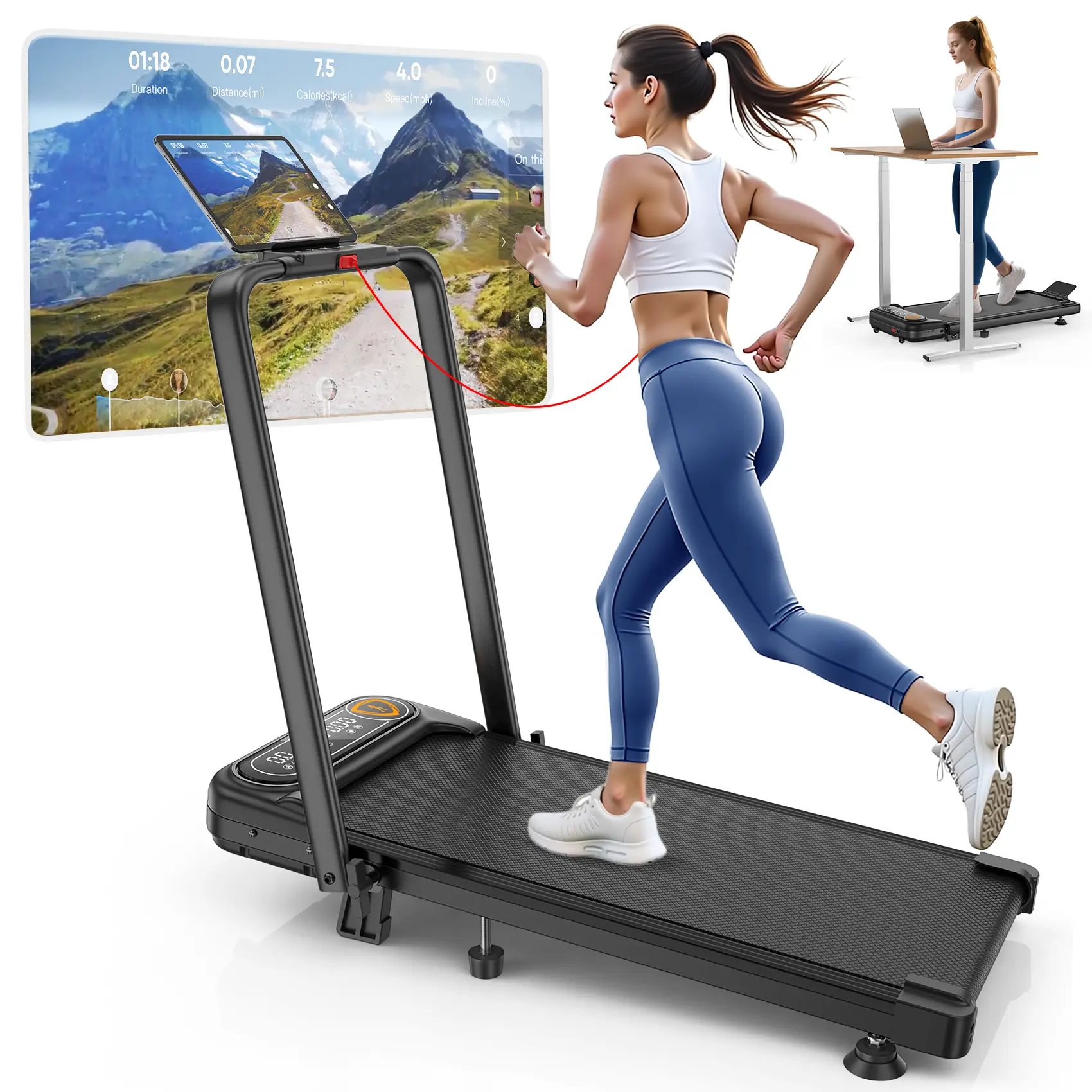 Trisomy 4 in 1 Walking Pad Foldable Treadmill Running Machine with 10% Adjustable Manual Incline, Quiet Motor 3.5HP Low Noise Under Desk Treadmill with Handle Bar, 350Lbs Capacity, APP and Remote Control for Home Gym and Office Fitness Small Space
