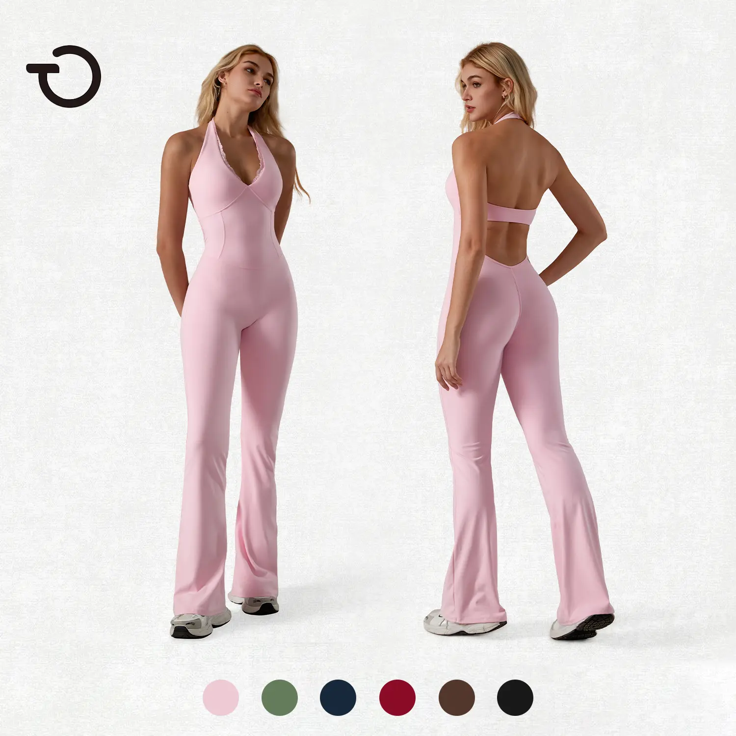 TimeOFF Women's Halter Neck Flare Backless Sports Jumpsuit - Lace Trim, High Waist Butt Lifting, Stretchy Breathable Fabric, Restriction-Preventing, Sporty Jumpsuit, Stretchable Activewear, Workout Gym Clothing, Ideal for Yoga & Daily Wear summerwins,summ