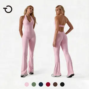 TimeOFF Women's Halter Neck Flare Backless Sports Jumpsuit - Lace Trim, High Waist Butt Lifting, Stretchy Breathable Fabric, Restriction-Preventing, Sporty Jumpsuit, Stretchable Activewear, Workout Gym Clothing, Ideal for Yoga & Daily Wear