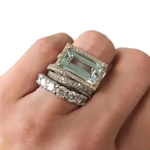 Cocktail Rings - Three-Piece Set with Emerald-Cut Zircon & Pavé Bands - Silver-Plated Copper Alloy - Stackable for Nights Out & Special Events Creative Party Ring chains perfect holiday dark fidget all day conn air Classic Comfort Fit Wedding anna drop ma