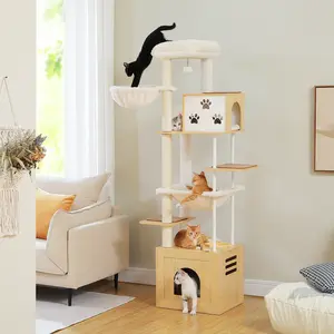 PAWZ Road 75-inch Modern Wooden Cat Tree with Multi-Level Platforms, Dual Cat Condos, Soft Top Nest, 2 Hammocks, and Sisal-Wrapped Scratching Posts, Ideal for Large Cats and Multi-Cat Households