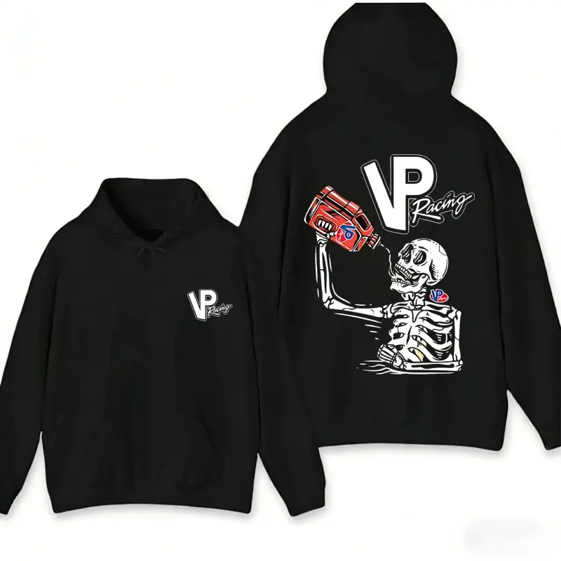VP Racing Menswear Unisex Black Skeleton Graphic Hoodie - Bold VP Logo Fuel Jug Artwork, Retro Motorsports Streetwear, Relaxed Fit, Long Sleeve, Adjustable Hood Sweatshirt for Car Enthusiasts, Sweatshirts, All Seasons