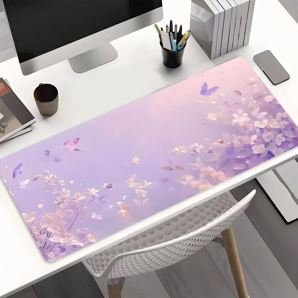 Purple Floral Butterfly Large Gaming Mouse Pad,Aesthetic Desktop Protection Pad,Washable Rubber Pad Non-Slip Lock Edge Multi-Size Mouse Pad Suitable For Home Office,Aesthetic Office Supplies,Aesthetic Desk Accessories,Desktop Accessory