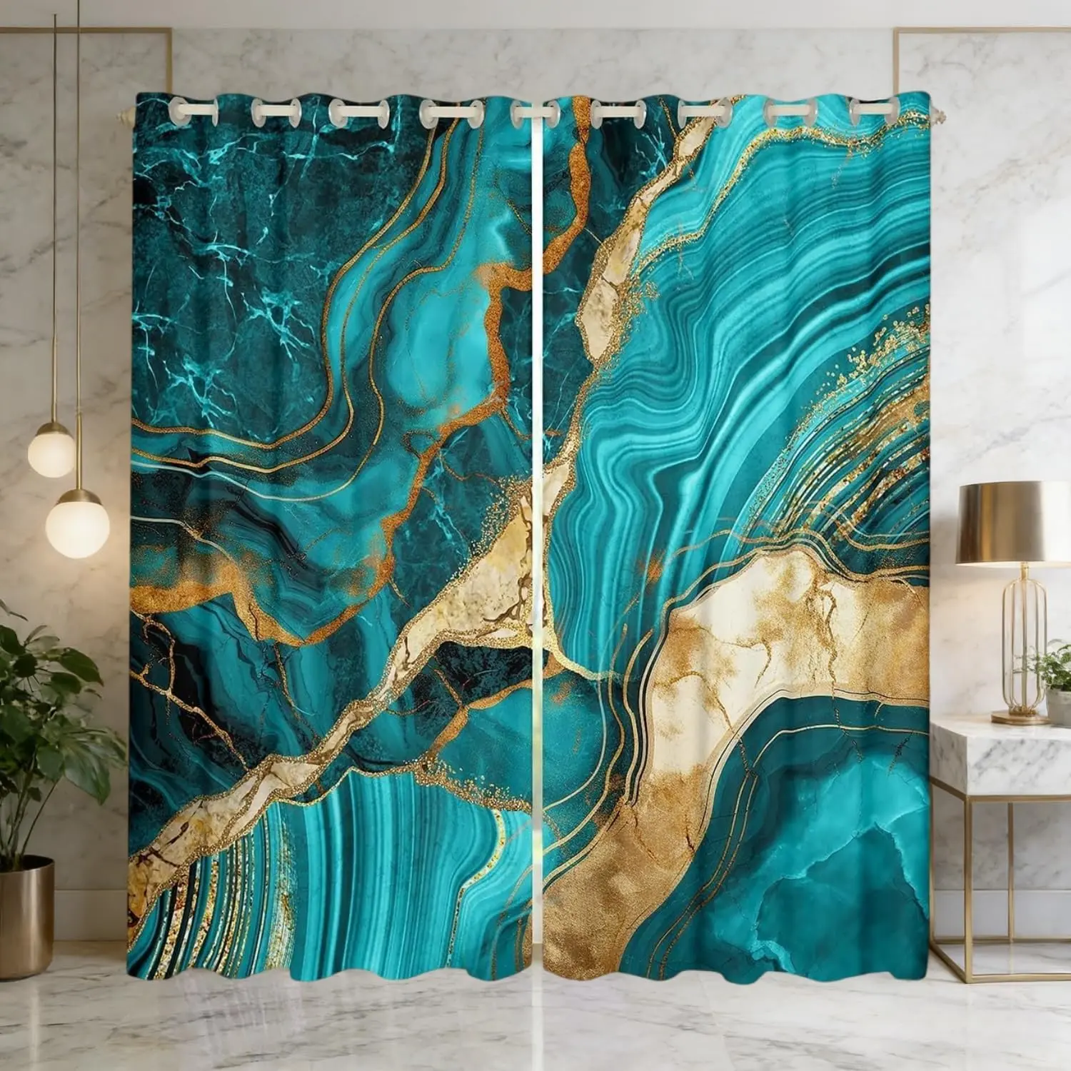 Teal Marble Curtains,Gold Crack Blackout Curtains,Abstract Metallic Texture Curtains & Drapes,Luxury Shinny Boho Hippie Fluid Darkening Window Curtains,2 Panels