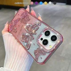 Designed for iPhone 16 15 14 13 12 11 Pro Max, Cute 3D Butterfly Case Slim Plating Glitter Bling Luxury Cover for Women Girls Protective Camera Protection Bumper