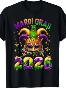 100% Cotton Men's Mardi Gras 2026 Jester Costume T-Shirt - Happy Carnival Party Outfit with Jester Hat Design (Compatible with Jester Hats), Casual Round Neck Tee for Parades, Masquerade Balls & Themed Events - Machine Washable