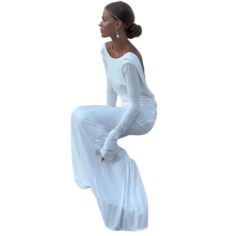 2026 New High-End, Sophisticated, and Sexy Open-Back Long Gown – Slim-Fit Long-Sleeve Dress White Backless