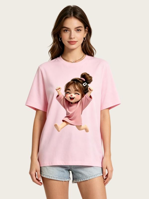 Women's Soft Cotton Basic Fitted Short-Sleeve Cropped Tshirt - Cute Lightweight Crew Neck Top with Chibi Girl Cartoon Print, High Bun Art, Korean Sohochic Fabric, Valentine's Day & Easter Style