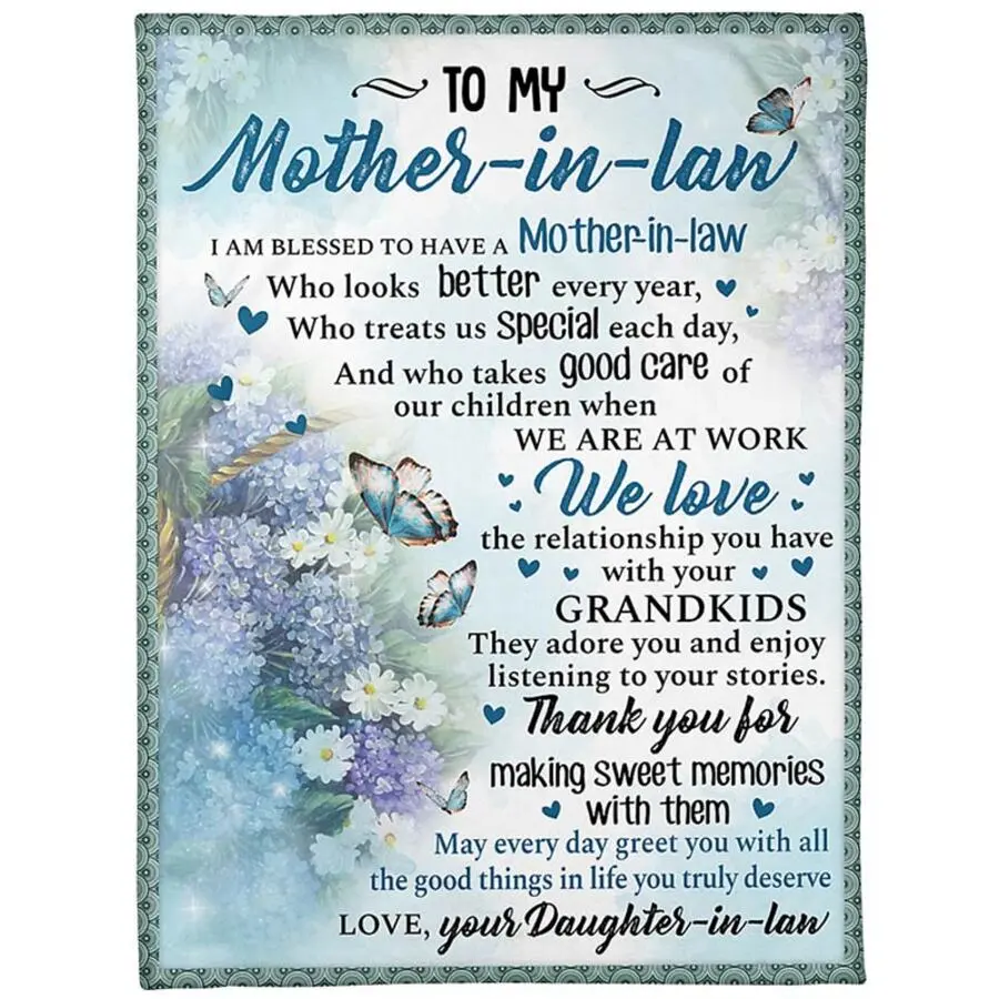 Customized Sherpa Blanket with Country-Style Embroidered Chrysanthemum and Butterfly Pattern, Personalized Name Gift for Mother-in-Law from Son-in-Law, Model 97449, Print