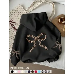 Women's retro leopard print bow design, autumn and winter women's casual black long sleeved hooded sports shirt, autumn daily clothing, women's clothingRAIMENTRY