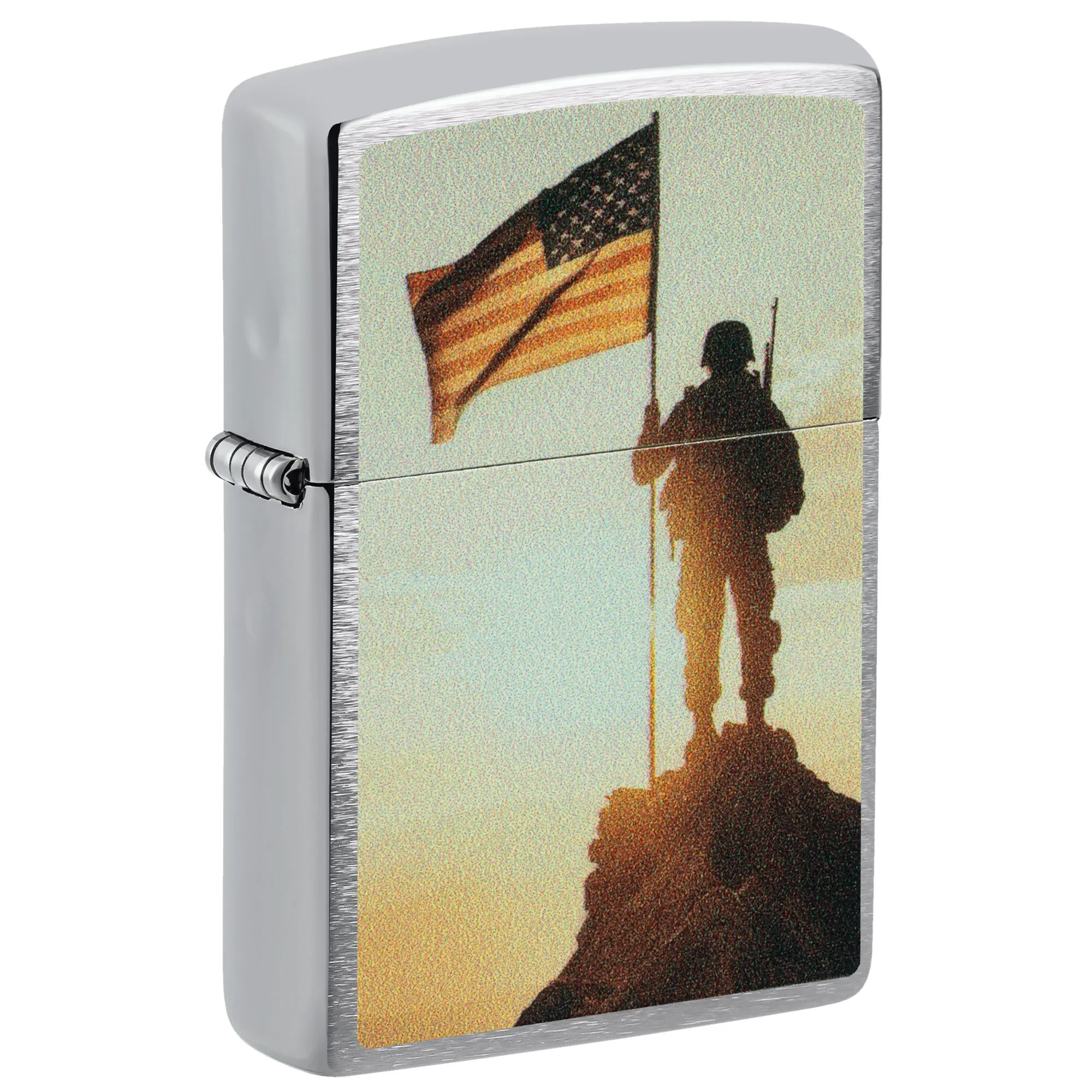 Zippo Soldier and Flag Design Brushed Chrome Pocket Lighter - Made in USA - Unfilled (fuel sold separately)