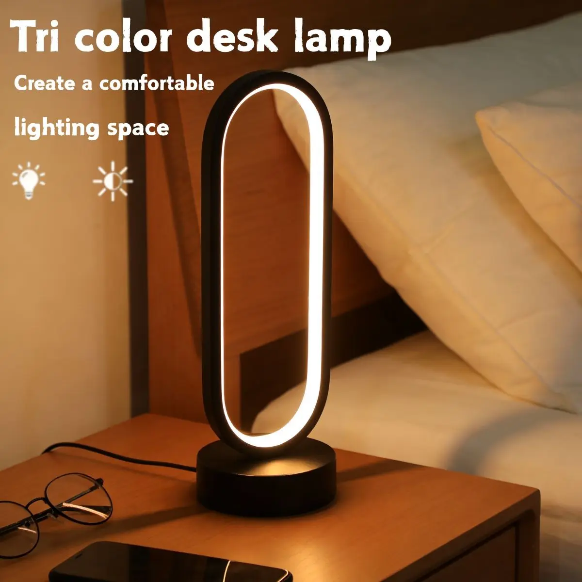 Modern Creative Ring LED Table Lamp, Desk Lamp, LED Bedside Lamp, USB Powered, Soft Light Eye Protection, Three-Tone Dimming, Home and Office Night Lighting, Led Ambient Lighting, Dimmable Desk Light