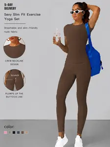 2-Piece Solid-Color Athletic T-Shirt Set Women's Sportswear Set, Slim-Fit RoundNeck Short Sleeves & High-Waisted YogaPants, Ideal for Gym Running OutdoorActivities,  Stretchy Suit Set, Fitness Outfits,Workout Running Outfits-8627 Sporty Crew Neck Sweat Su