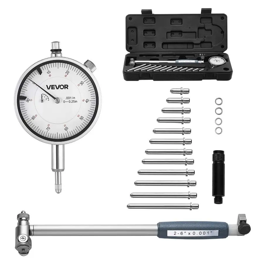 【Summerfinds】 VEVOR Dial Test Indicator & Bore Gauge Industrial Tool Kits, 0.001 in Accuracy Dial Indicator, 2-6 in Bore Range with Rod, Storage Case, Anvils for Industrial Machining Measurements