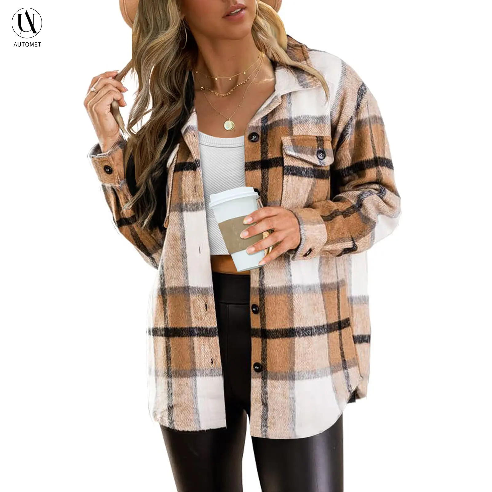 AUTOMET Women's Casual Plaid Flannel Shacket, Soft Long Sleeve Button-Down Fall Coats with Pockets, Lady, Thanksgiving