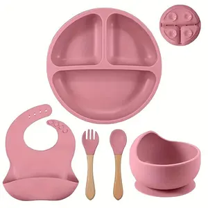 Silicone Baby Feeding Set, 5 Counts/set Bowl, Plate, Spoon, Fork, Bib & Spoon, Baby Dinnerware Set, Baby Tableware Set, Cutlery Utensil Sets, Silicone Utensils Set