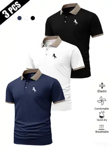 Men's Summer Geometric Horse Silhouette Print Short Sleeve Polo Shirt, Breathable Comfort Business Casual Golf Wear