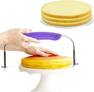 Adjustable wire Cake Slicer Leveler Small Cake Cutter Slicer for Leveling Tops of Layer Cakes Professional Baking Tool with Stainless Steel Wires and Purple Handle