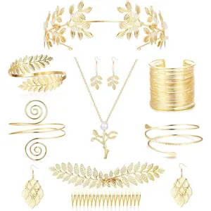 FIASASO 9 Pcs Greek Goddess Costume Accessories Set for Women Golden Laurel Leaf Crown Headband Upper Arm Coil Bracelet Pearl Leaf Dangle Earring Artificial Pearl Earrings Necklace Bridal Wedding