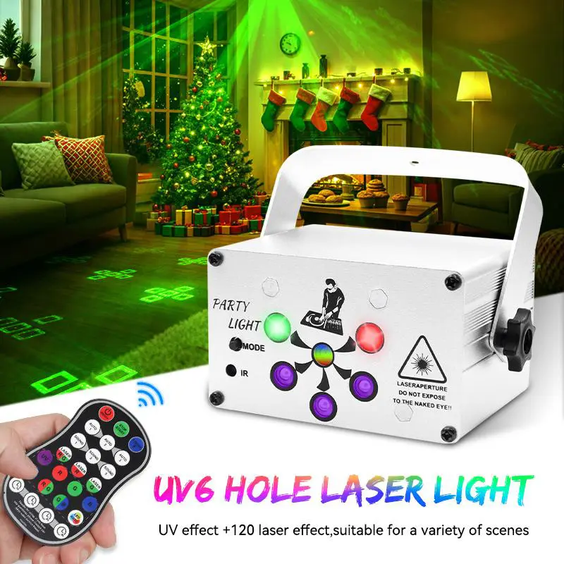 GOLDACE Mini Portable Aluminum Sound-Activated Laser Projector, Remote-Controlled Red-Green Color-Changing Multi-Pattern Light with Strobe, Adjustable Brightness, Ceiling/Floor Mount, LED Sunset Lamp for Birthdays, Concerts