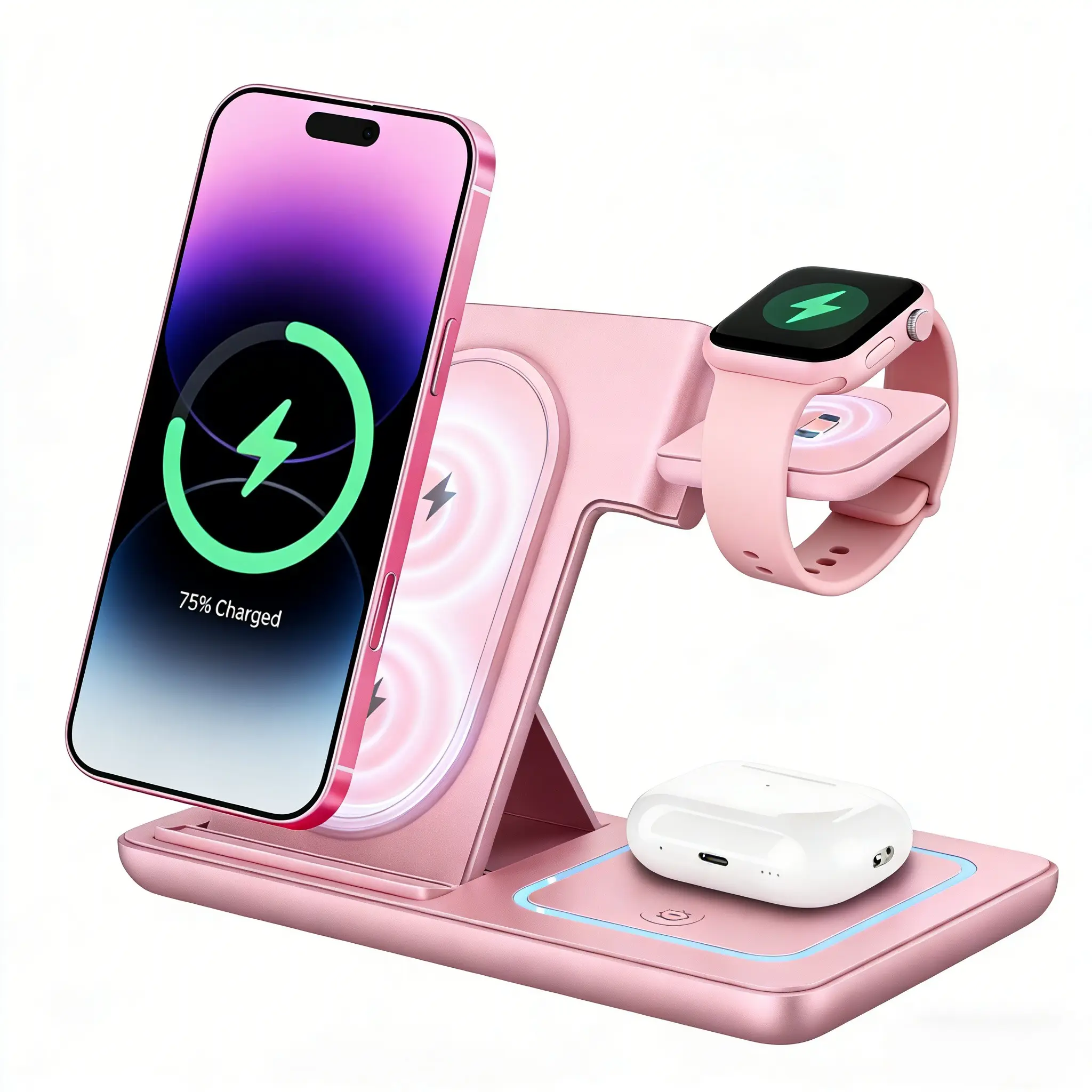3-in-1 Wireless Charging Station, 15W Fast Charger with Night Light, Foldable Compact Portable Travel Stand for iPhone, Apple Watch and AirPods, Electronic Gadgets