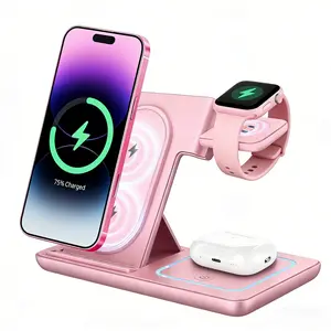 3 in 1 Wireless Charging Station, 15w Fast Charger with Night Light, Smart Watch Charger, Foldable, Compact for iPhone, Apple Watch, AirPods, Portable Travel Stand