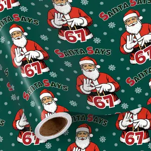 RUSPEPA Funny 67 Christmas Wrapping Paper Roll Mini Roll Green and Pink 67 Meme Christmas Gift Wrap Paper Cool Santa Says Six Seven Design for Teens Kids Adults 17 Inches x 16.4 Feet